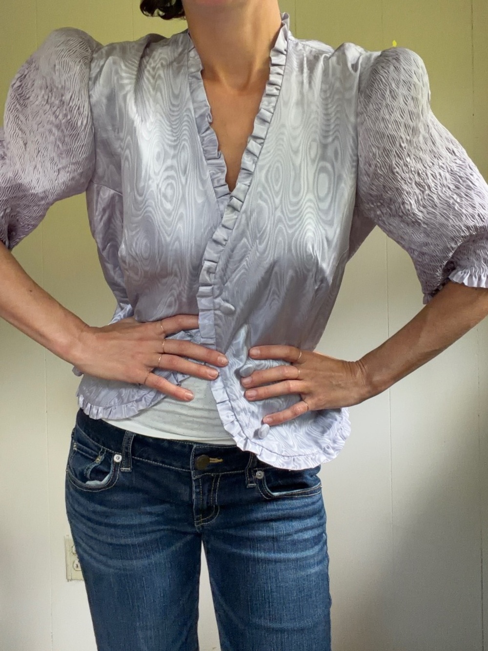 vintage lilac cropped jacket with puff sleeves and ruffle 90s feminine